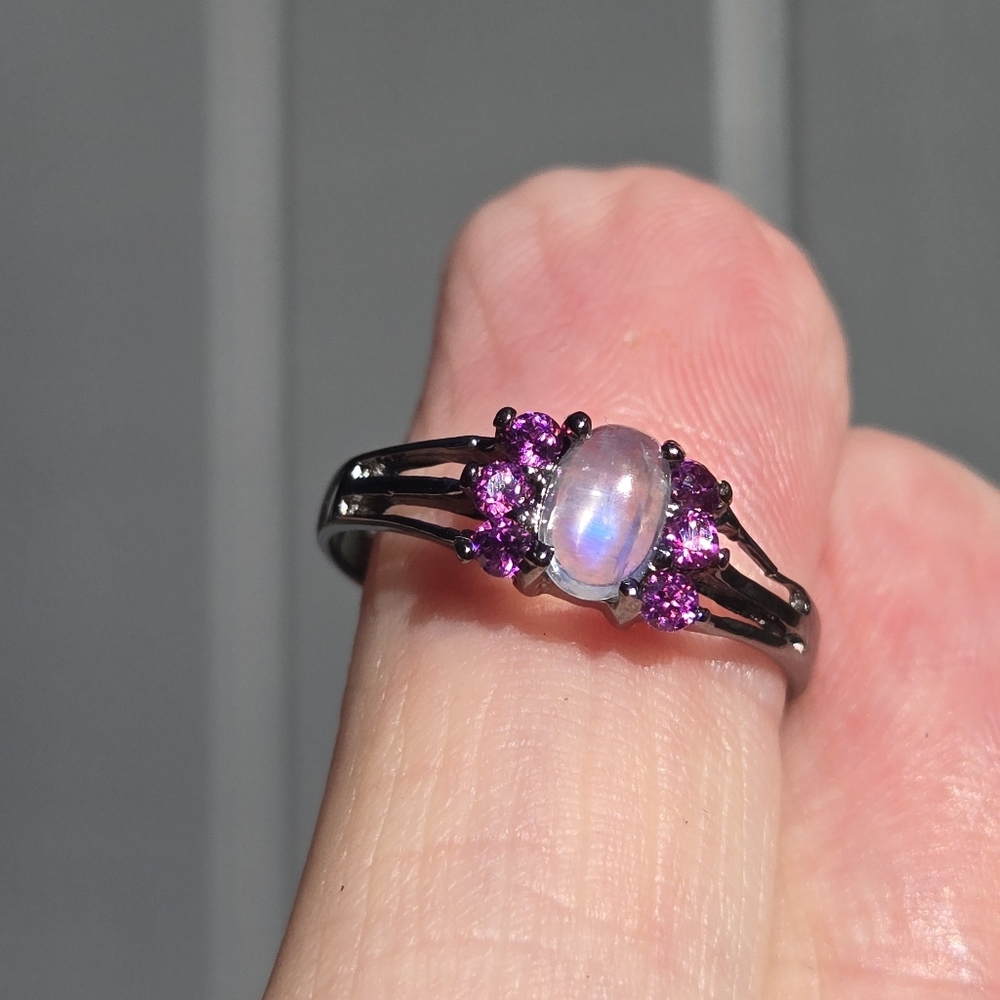 Moonstone 4k & Rhodolite Natural Gemstone Sterling & Rhodium Ring Sz6.5 - Picture 7 of 9